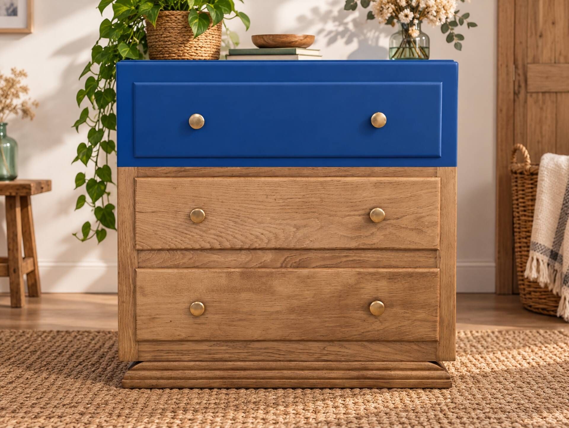 Commode ancienne en chêne – Bleu Nila & laiton