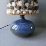 Blue stoneware lamp with wool lampshade, 70s-80s
