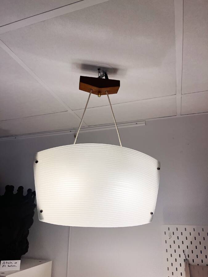 Scandinavian pendant light in ribbed glass and teak, 1960