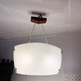 Scandinavian pendant light in ribbed glass and teak, 1960