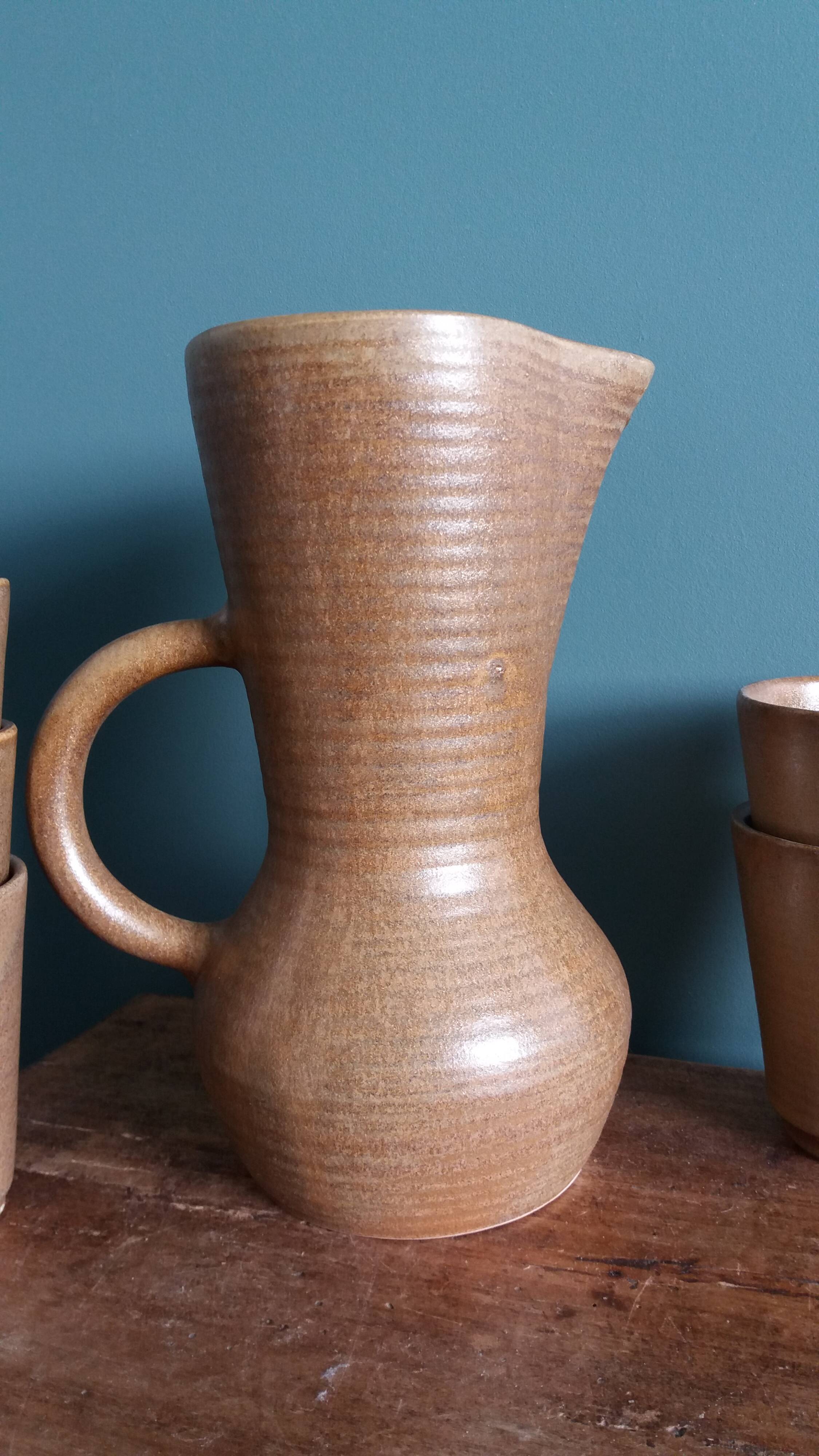 Cider or orangeade service Digoin, jug and stoneware glasses.