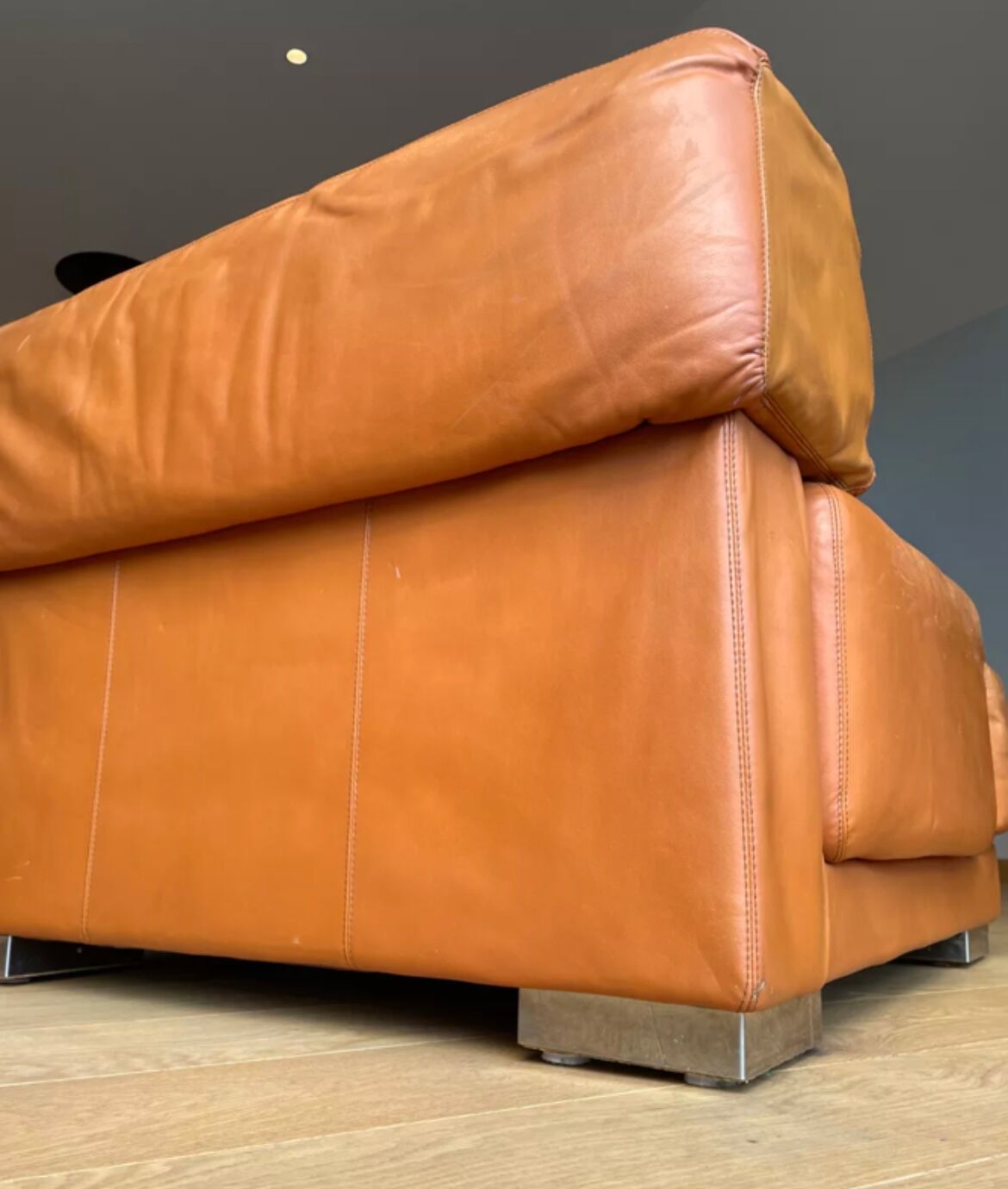 Vintage 3-seater sofa Gérard Guermonprez fawn and stainless steel leather, France 1970