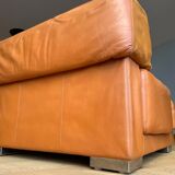 Vintage 3-seater sofa Gérard Guermonprez fawn and stainless steel leather, France 1970