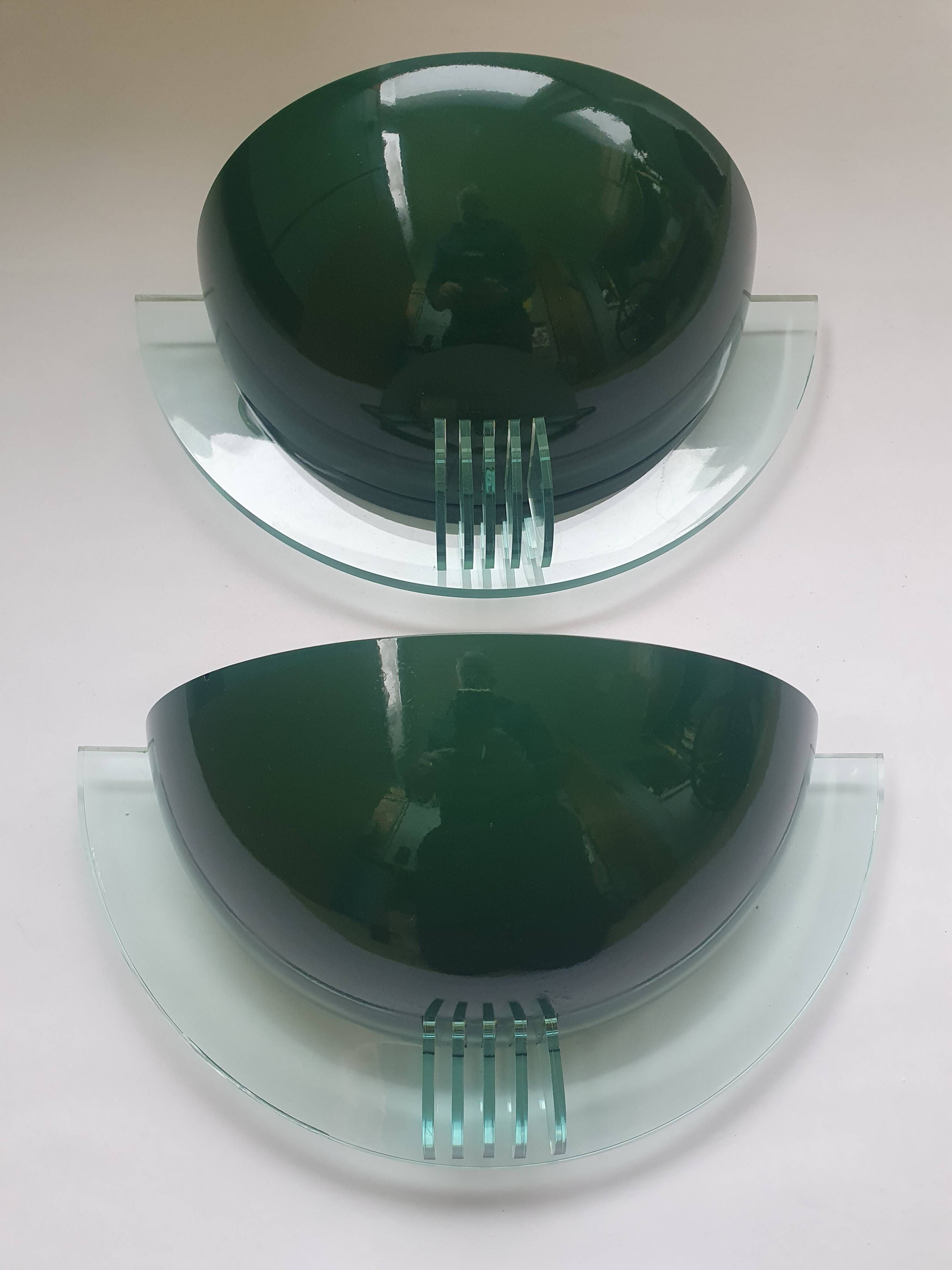 Pair of half-moon wall lights in green metal and plexiglass, 1980s