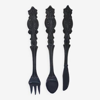 Set of 3 large black patinated wooden cutlery