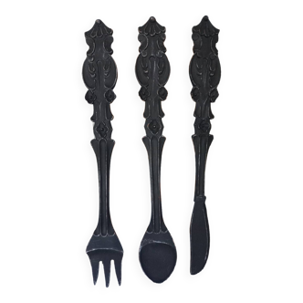 Set of 3 large black patinated wooden cutlery