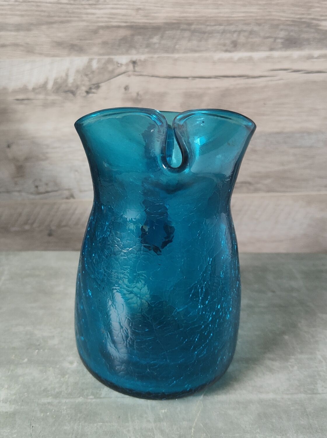 Blue cracked glass pitcher