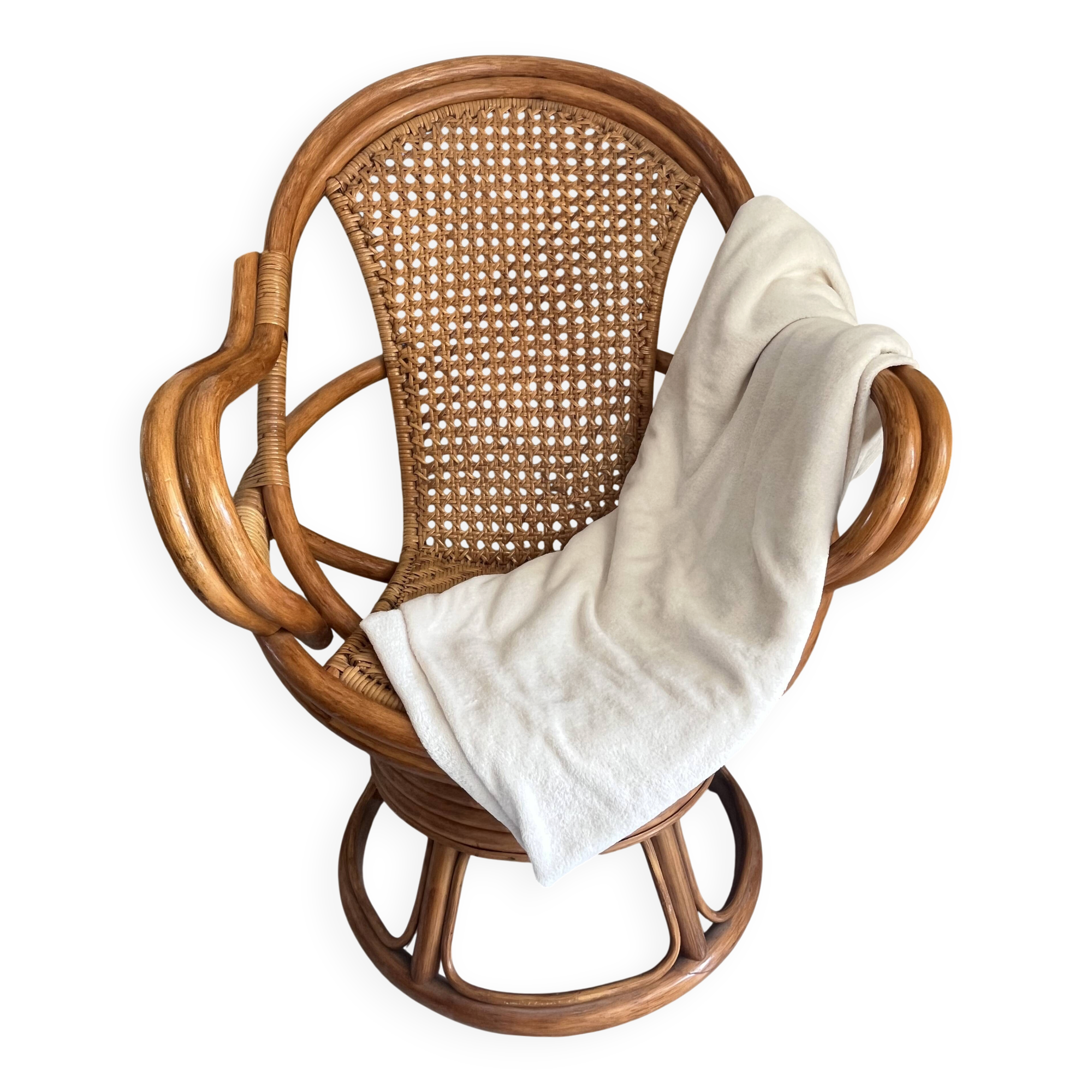Vintage rattan and cane swivel armchair (1970s/80s) -