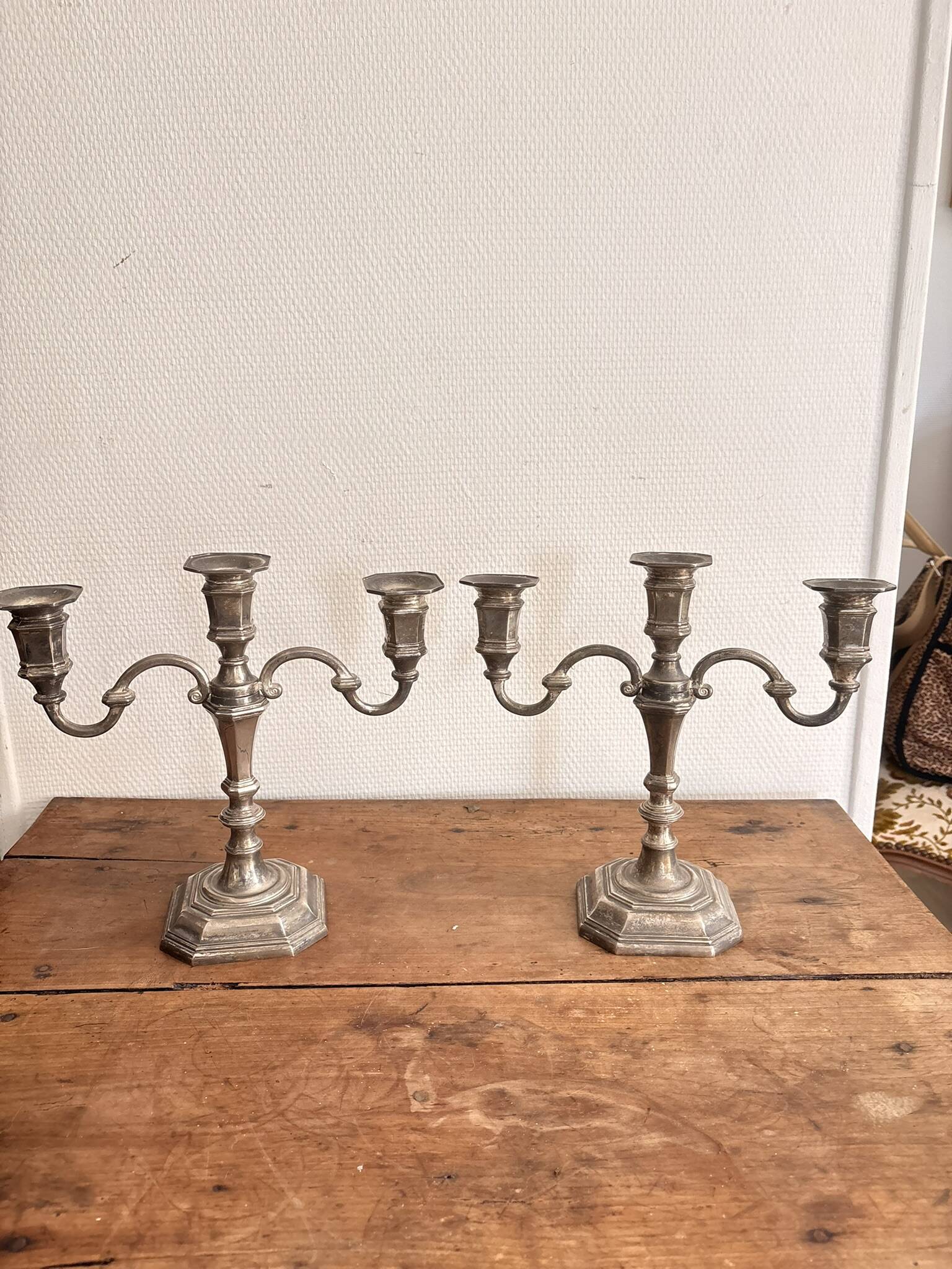 Antique Pair Art Deco Louis XV 3 Arm Silver-Plated Candelabra