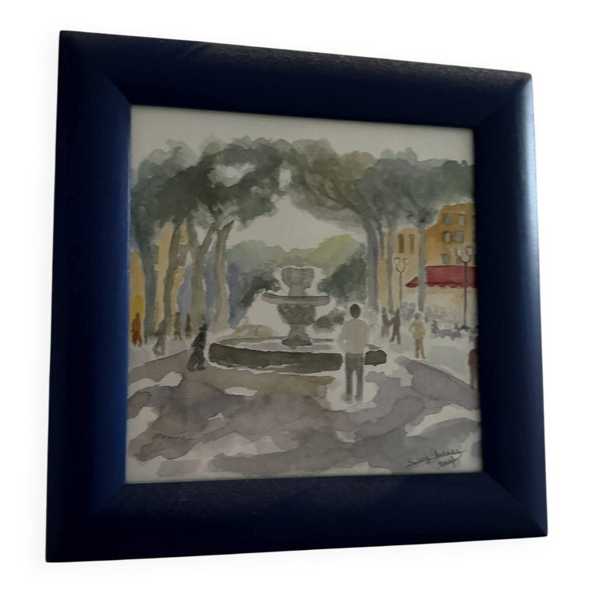 Watercolour signed place with fountain - Mediterranean watercolour 2007