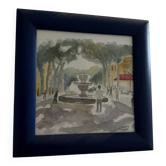 Aquarelle signée place avec fontaine - Aquarelle méditerranéenne 2007