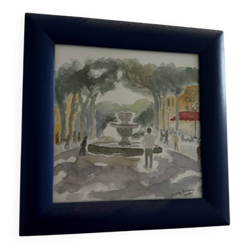 Watercolour signed place with fountain - Mediterranean watercolour 2007
