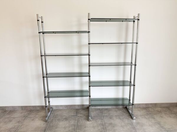 Double étagère bibliothèque chrome et verre des années 70'