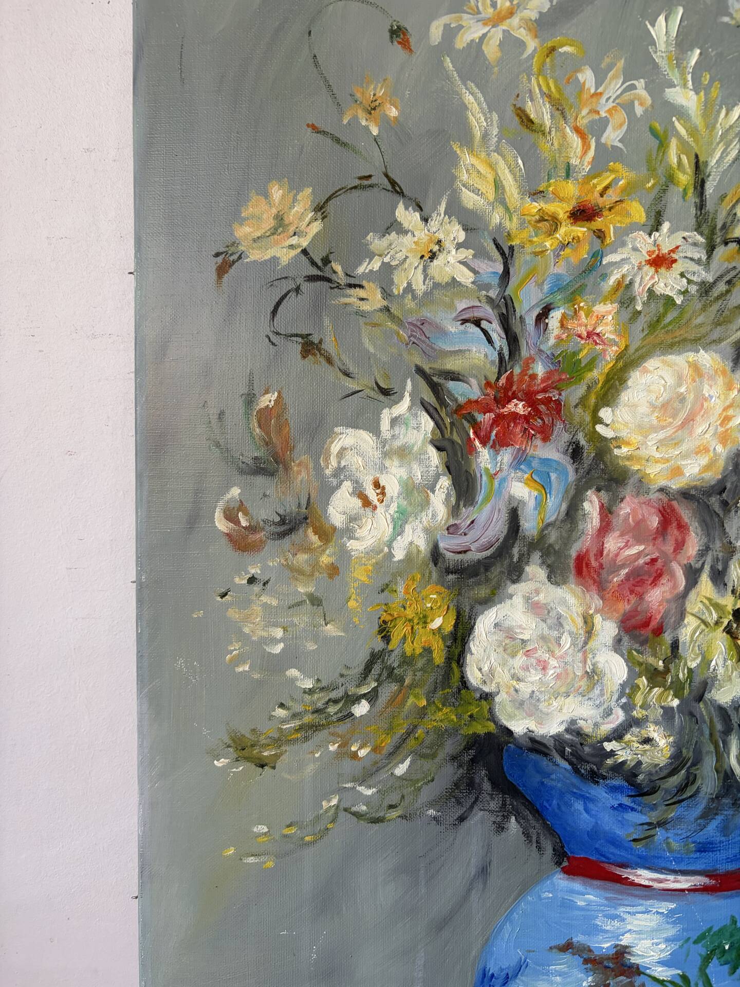Bouquet in a blue vase, oil on canvas signed