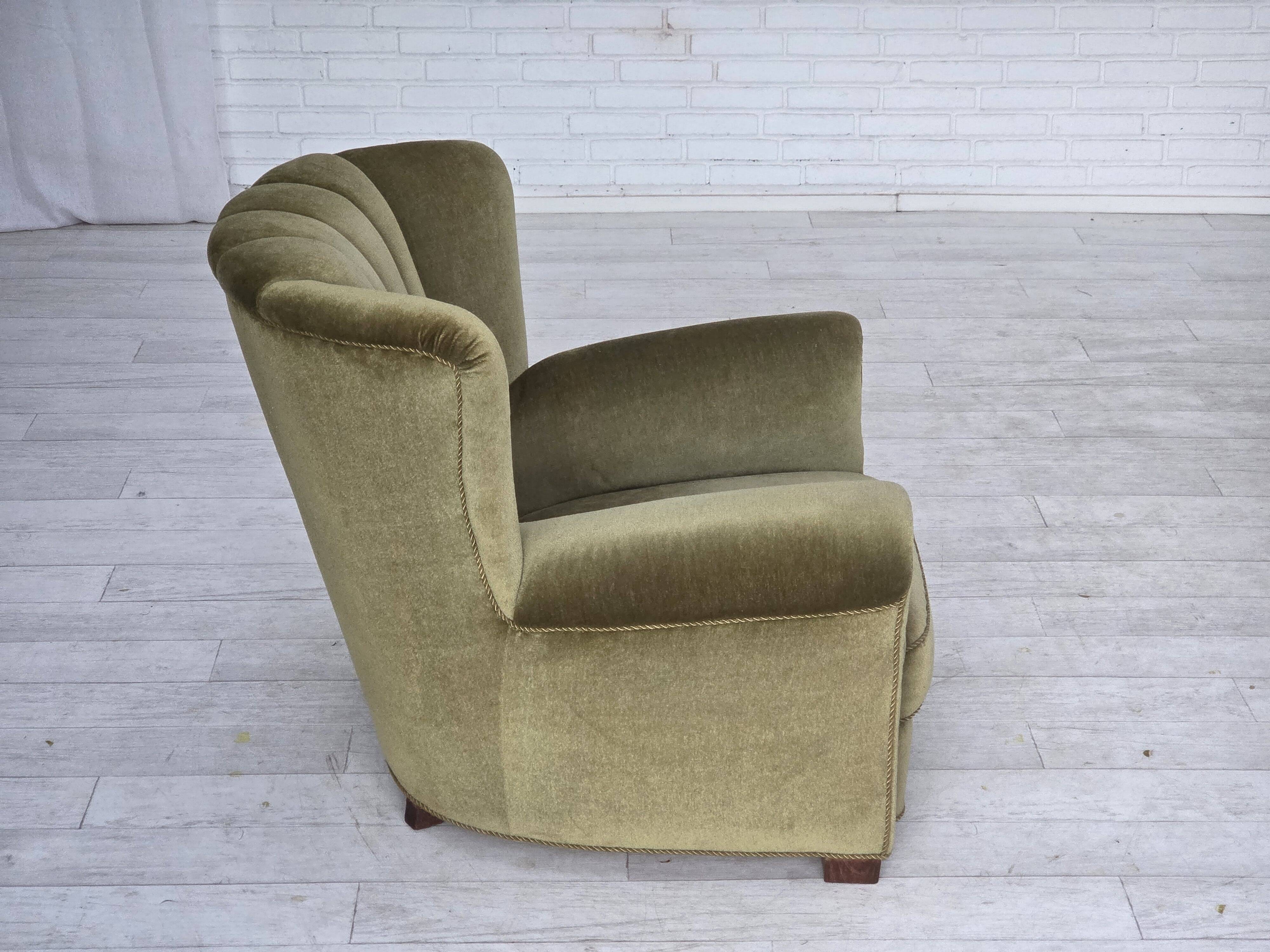 1960s, Danish relax armchair, original green furniture velour, beech wood.