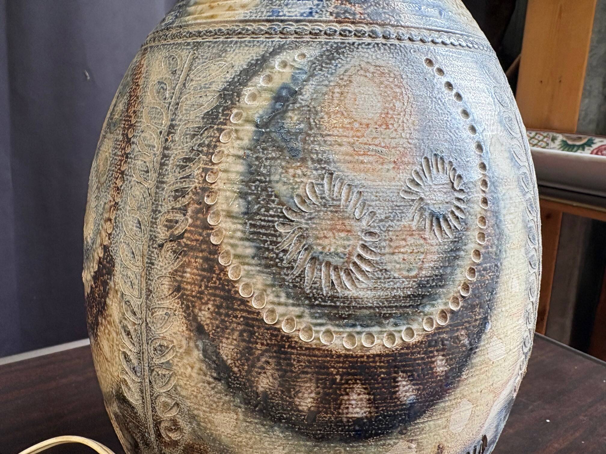 Stoneware lamp (base) signed Joël Courjault for Keraluc – floral decoration
