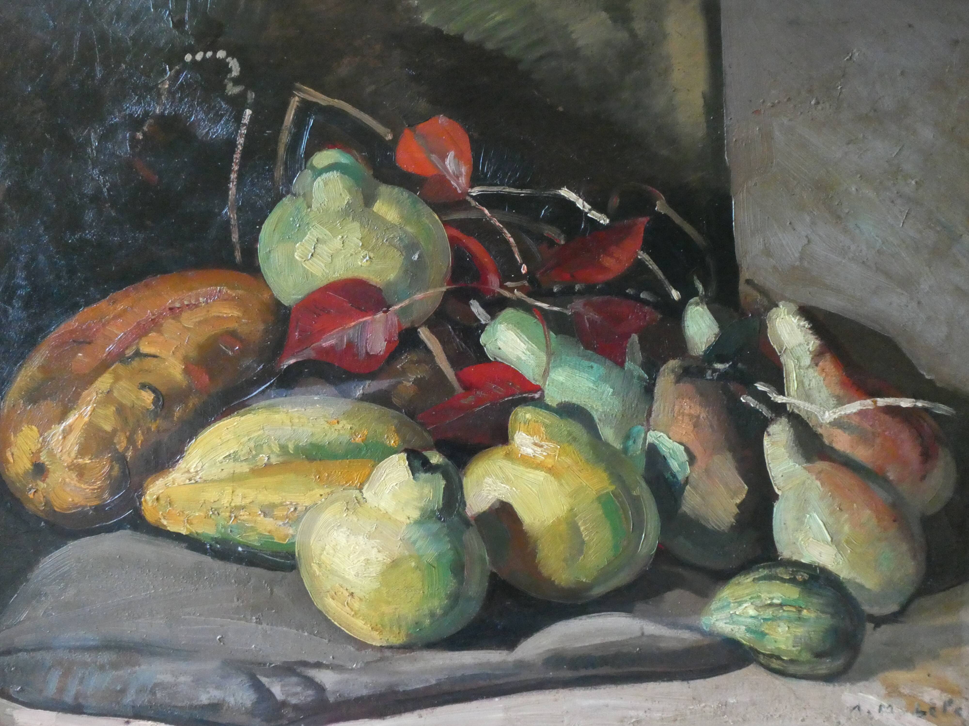 Oil on panel, still life with fruit, signed, 1930s