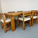 Ensemble de salle à manger moderniste du milieu du siècle en pin, style Chapo, Perriand, Jeanneret, années 50