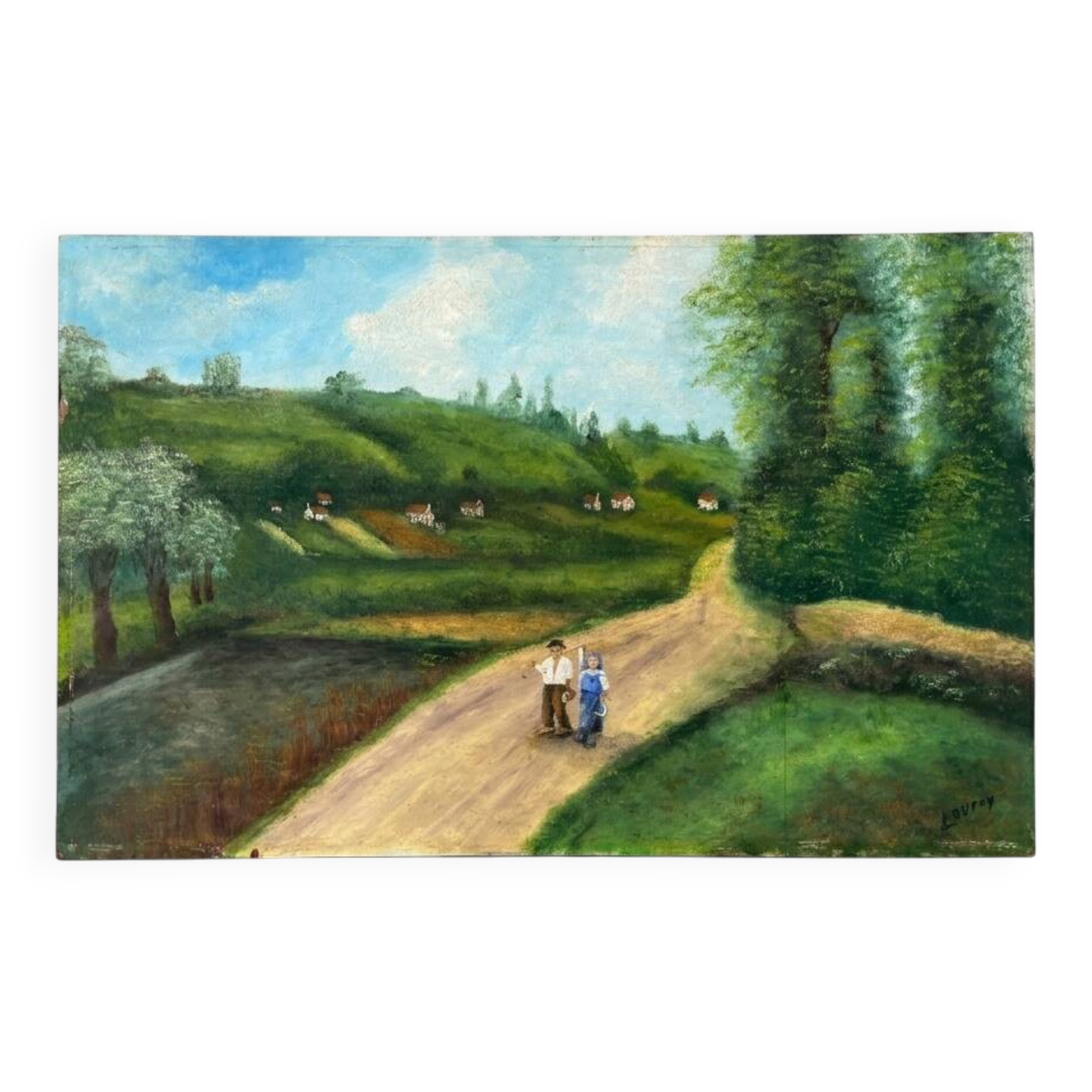 Oil painting landscape countryside signed Louroy - Characters