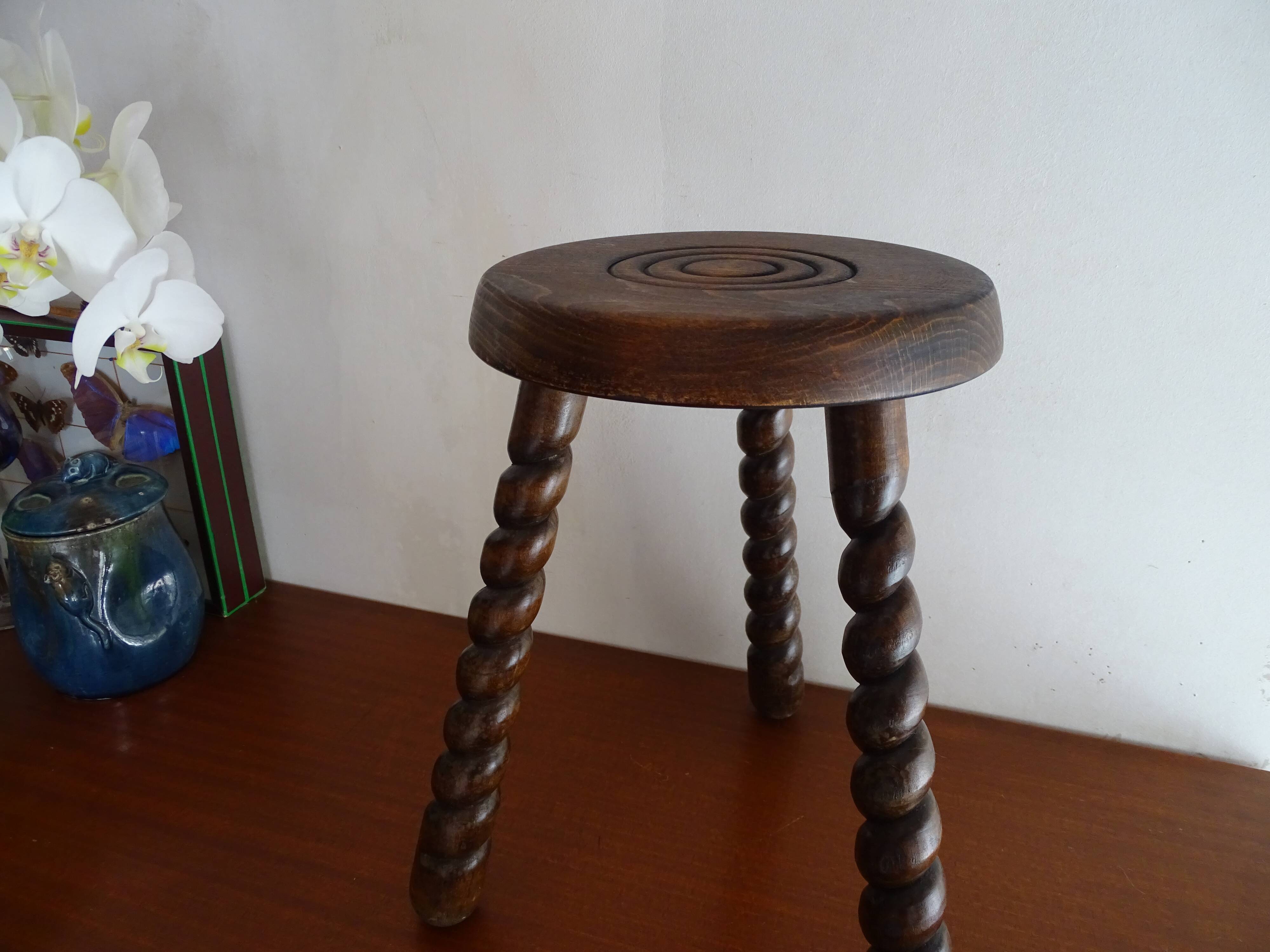 Vintage turned wood tripod stool