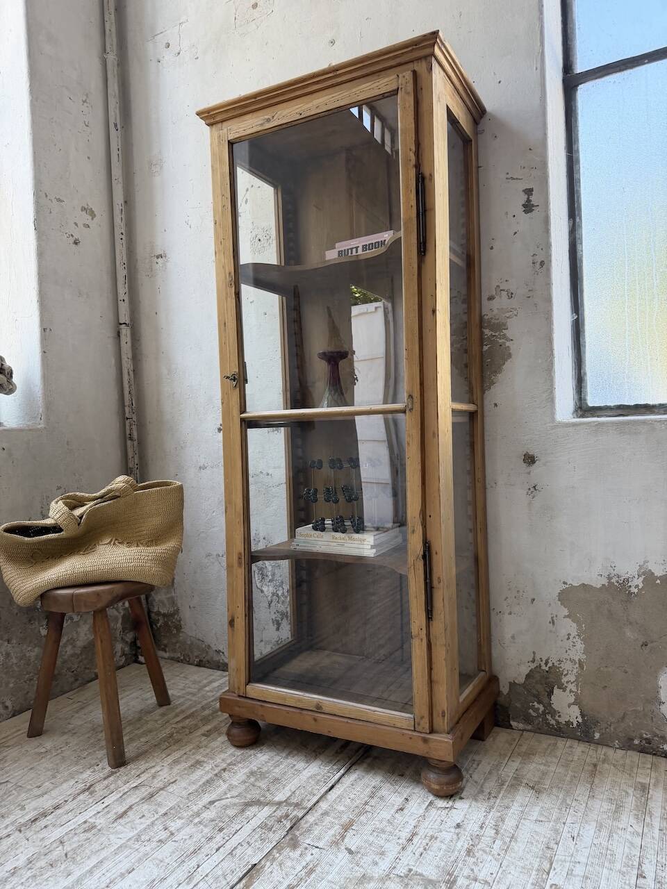 19th-century English pine display cabinet