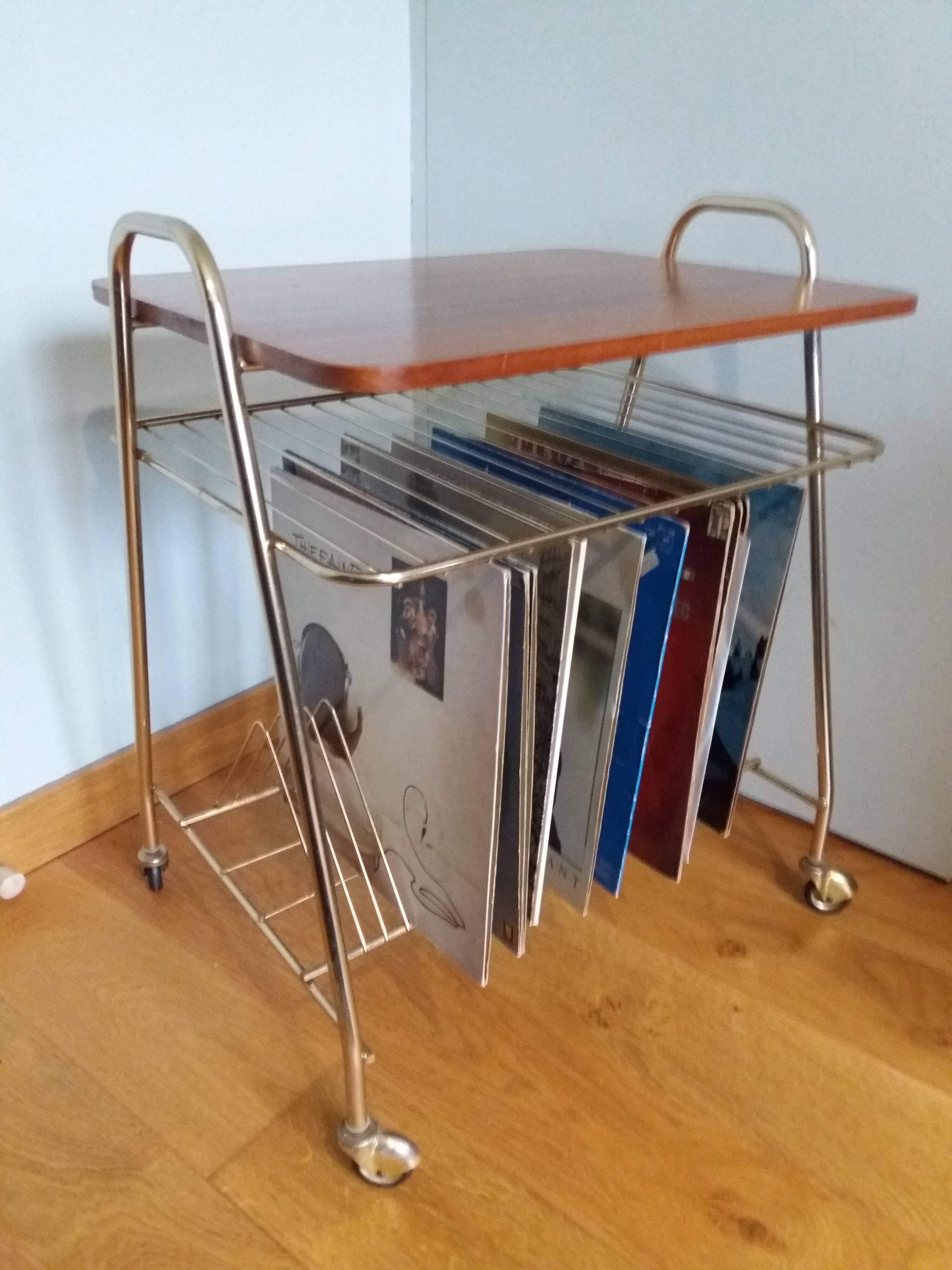 Serving table for storing vinyl records, magazine holder