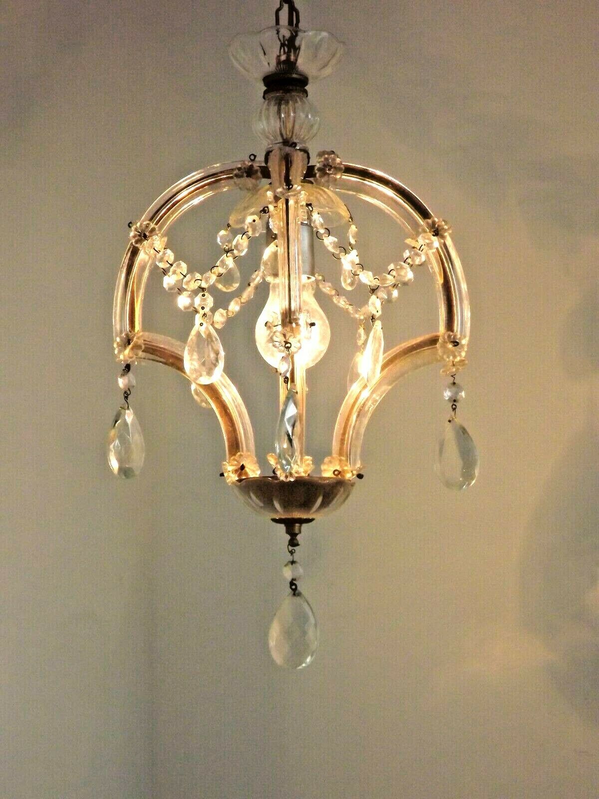 French vintage single light metal glass & acrylic crystal cage chandelier 3152