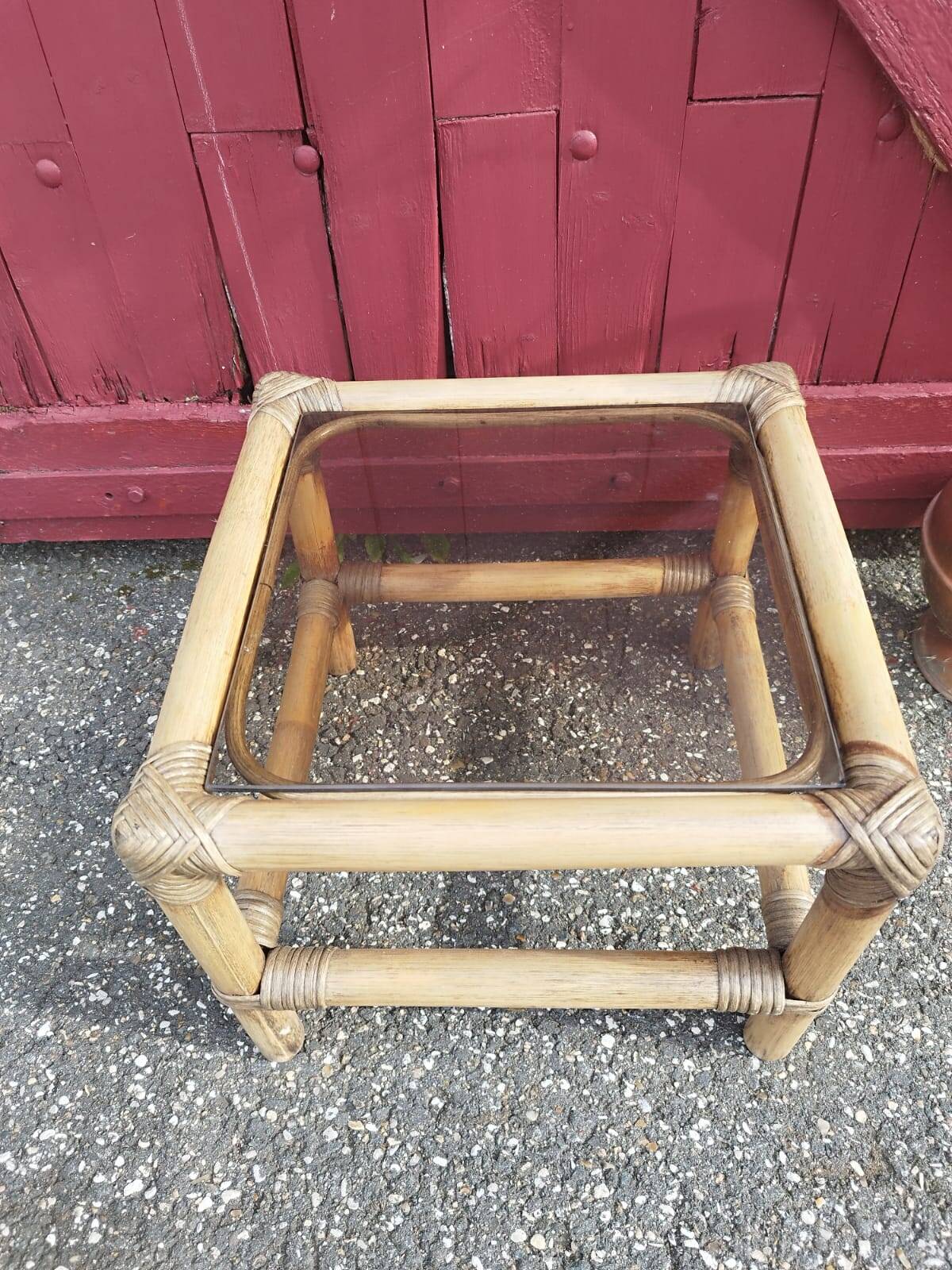 Small coffee or bedside table in rattan and vintage smoked glass