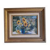 Original sunflower canvas signed by the French painter Roger Bolzonello 39 cm x 33 cm
