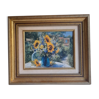 Original sunflower canvas signed by the French painter Roger Bolzonello 39 cm x 33 cm