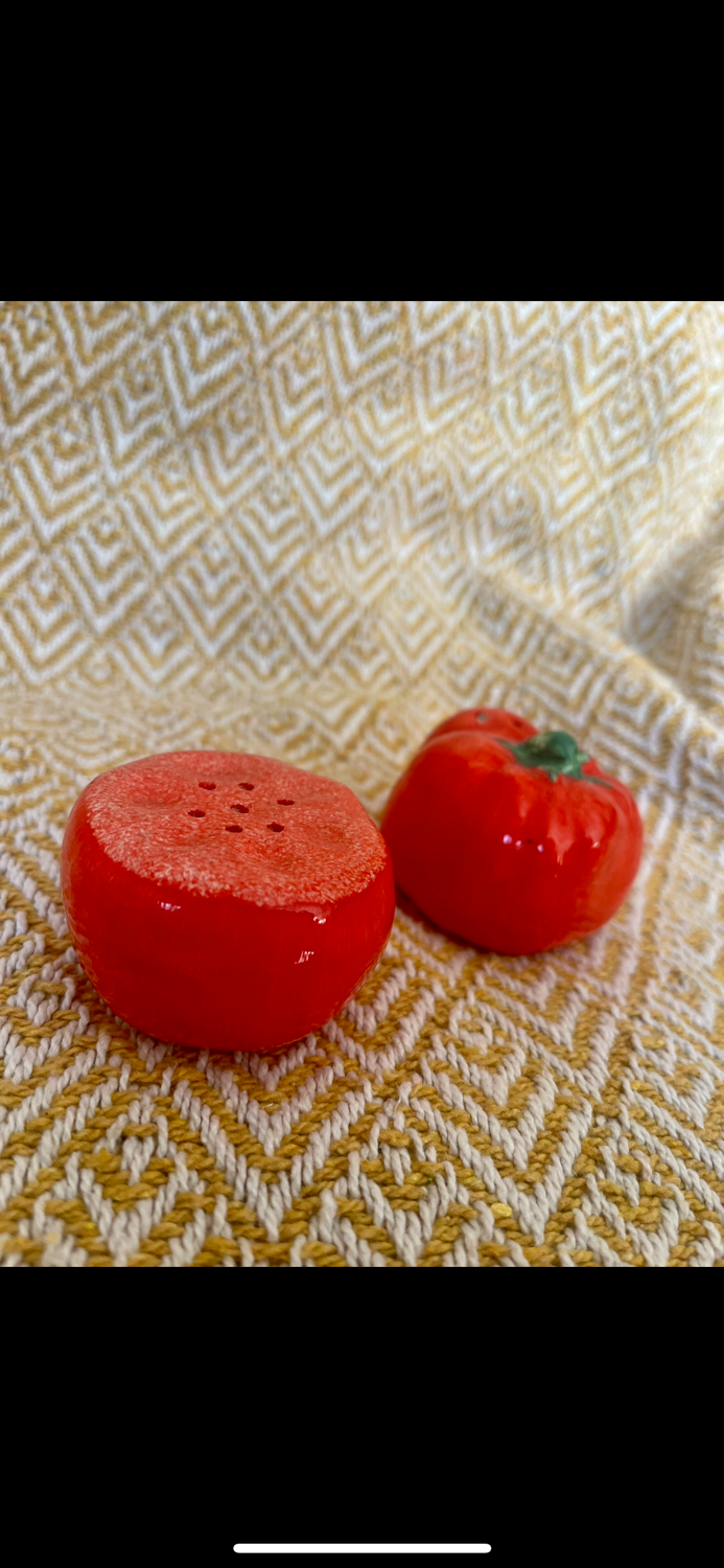 Vintage earthenware set – tomato salt and pepper shakers.