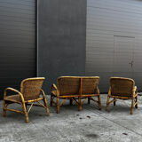 Vintage rattan garden furniture – complete set with sofa and armchairs.