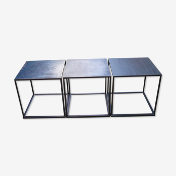 Series of 3 table stackable metal and weathered crude steel
