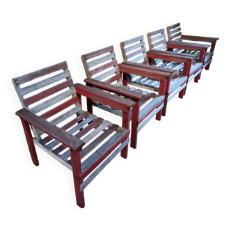 Set of 5 French lounge chairs in beech and chestnut, 1930s.