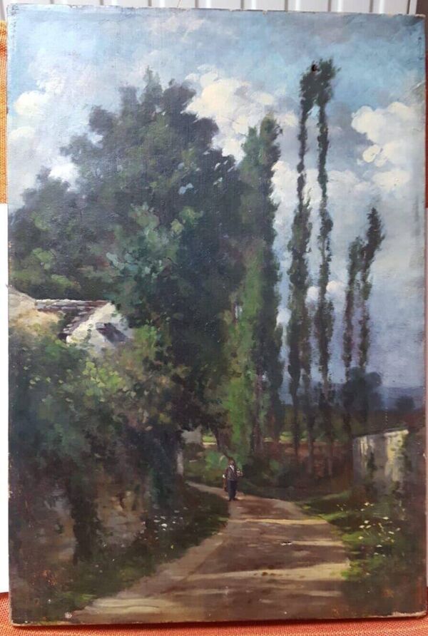 Paysage, chemin vers la maison - Peinture ancienne huile sur toile originale