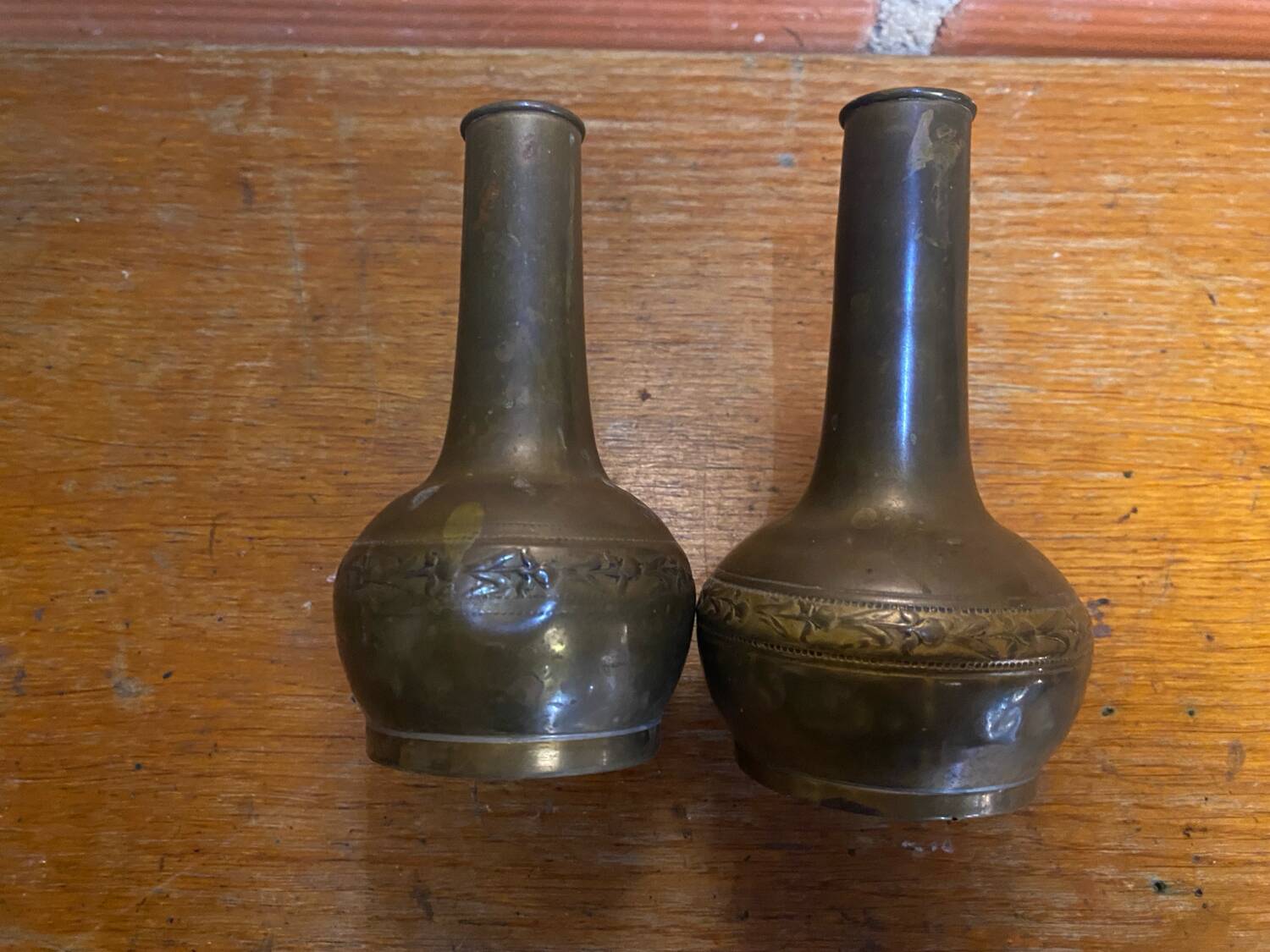 Pair of Antique Vintage Repoussé Brass Vases
