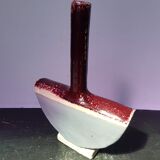 Old enameled ceramic soliflore vase half circle signed vintage