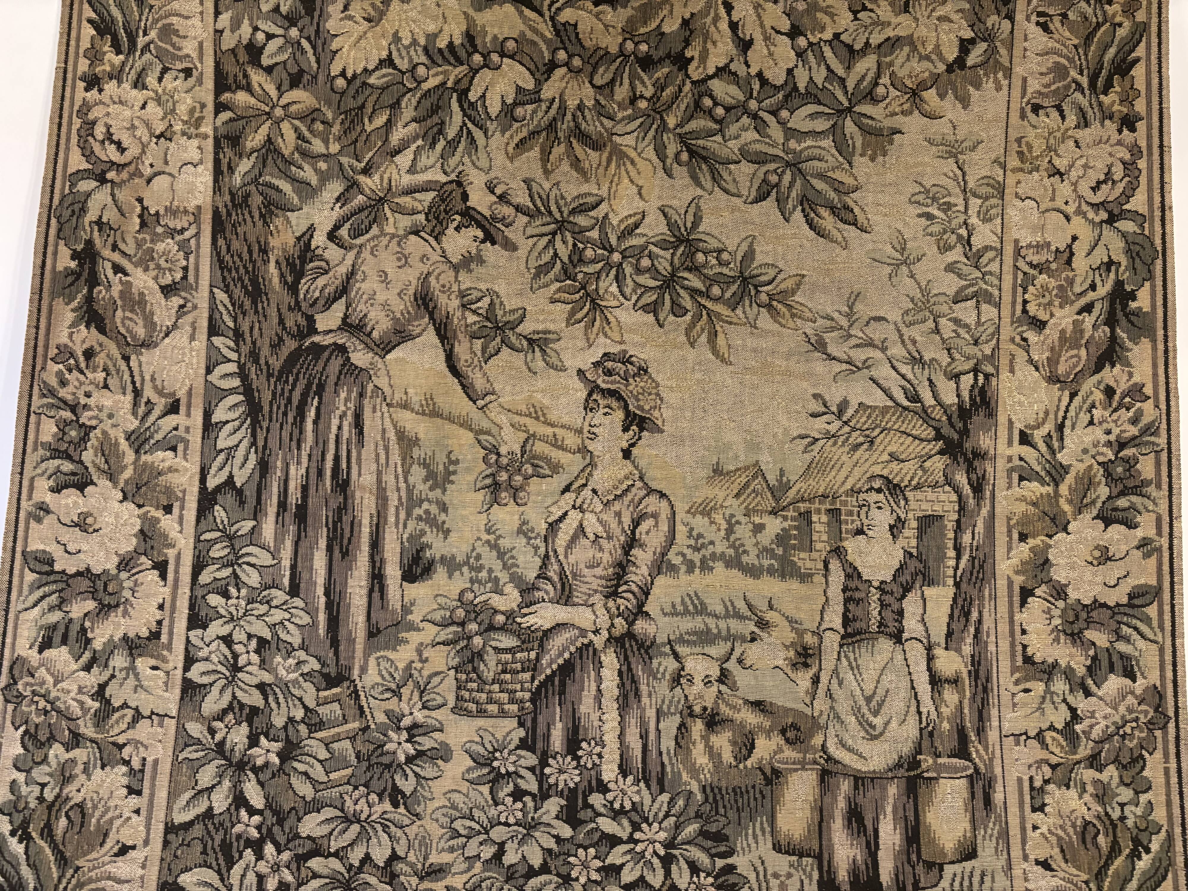Tapisserie vintage tissée - scène pastorale charmante du XVIIIe siècle.