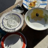 3 large Italian plates with blue stripes and lemons pattern