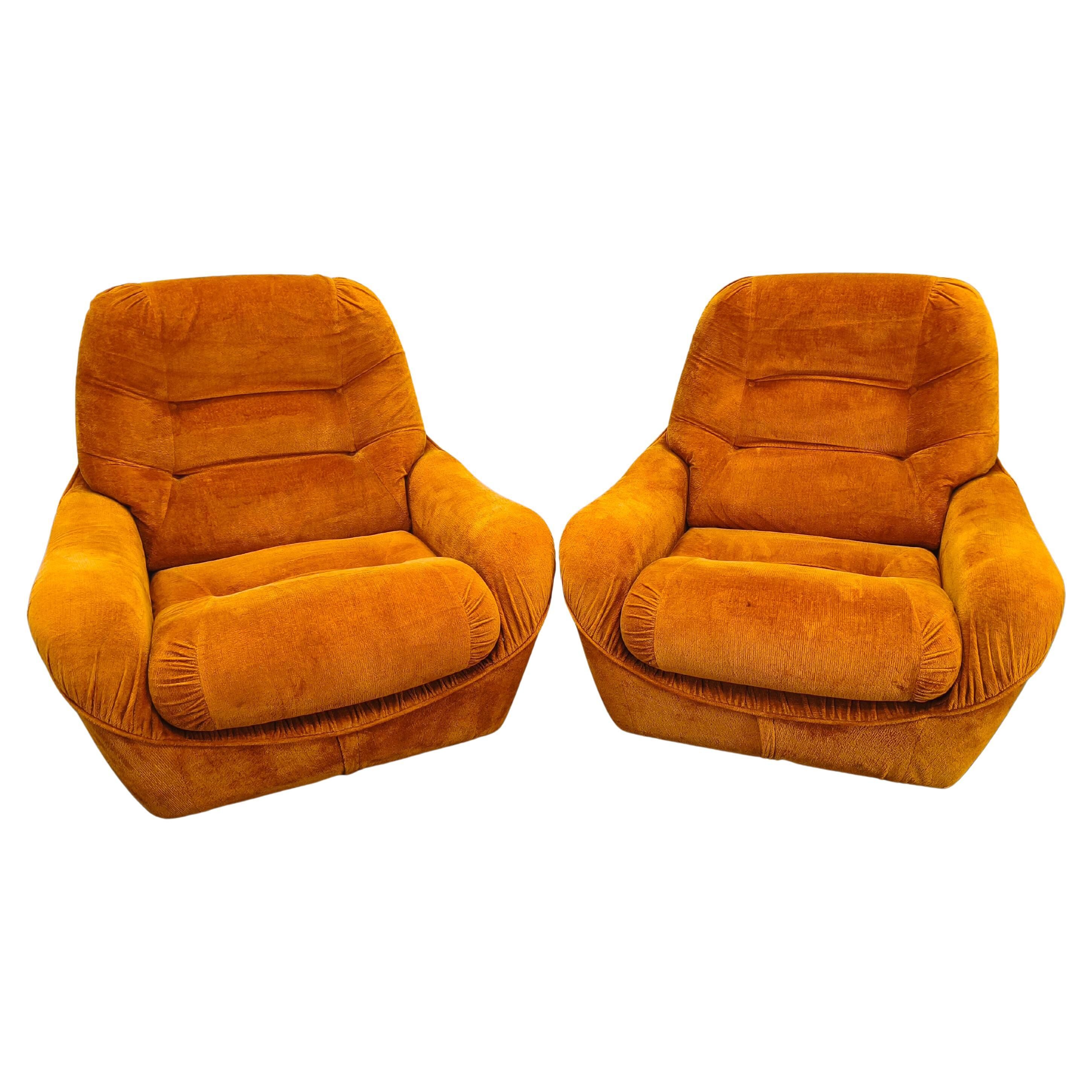 Pair of Italian Space Age Lounge Chairs, Orange Upholstery, 1970s