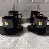 4 black tempered glass bowls Arcoroc OCTIME series, vintage, red border