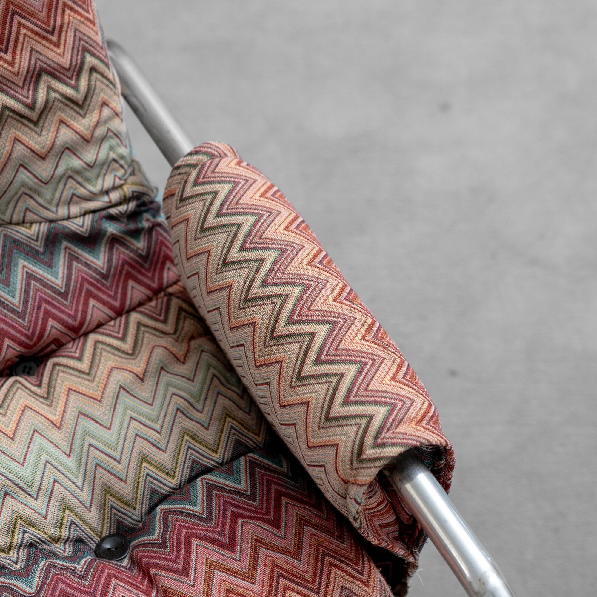 Pair of vintage metal armchairs with multicolour fabric – 1970s