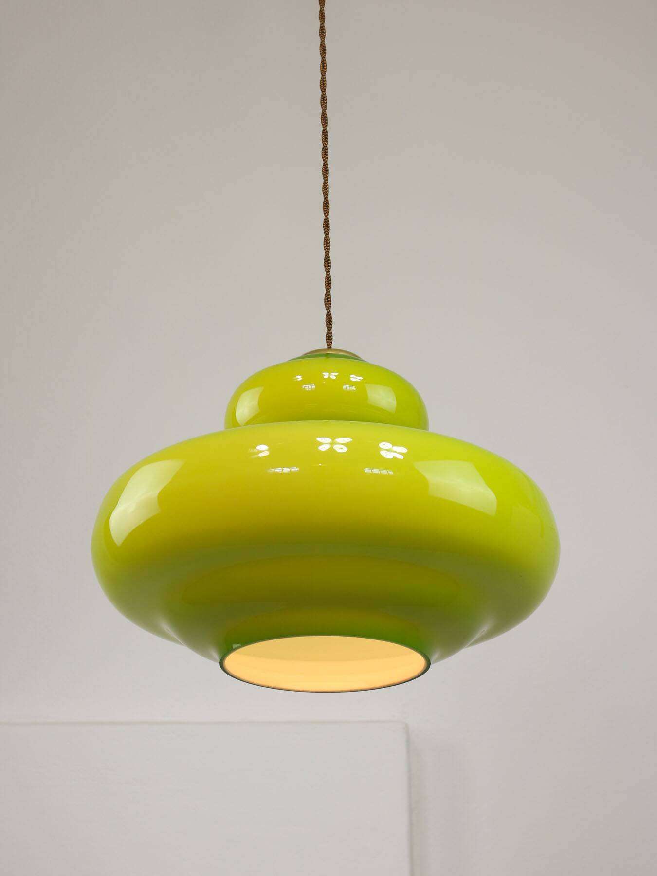 Mid-Century Italian Green Glass and Brass Pendant Lamp