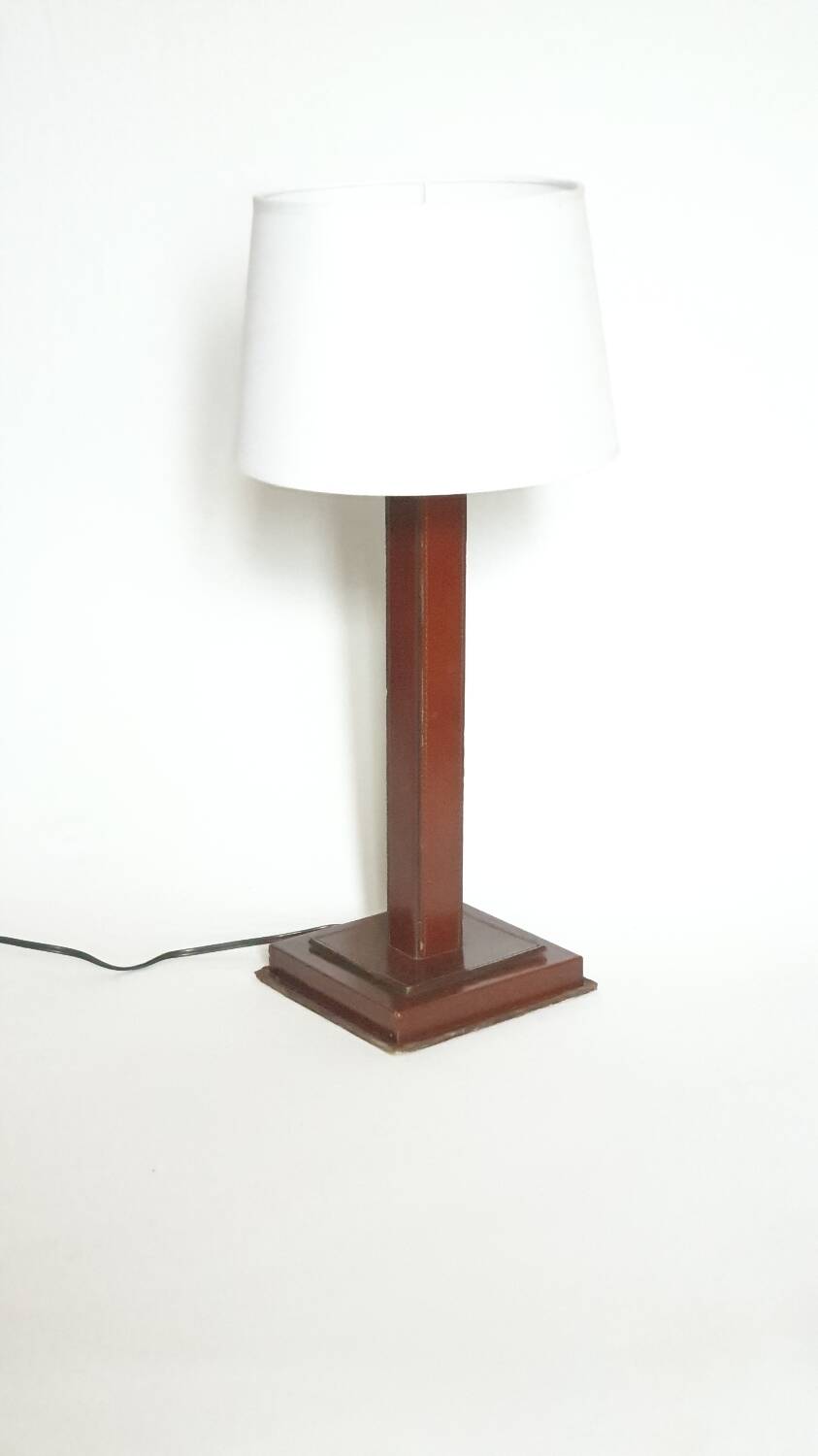 Leather lamp, saddle-stitched, 1960s vintage France.