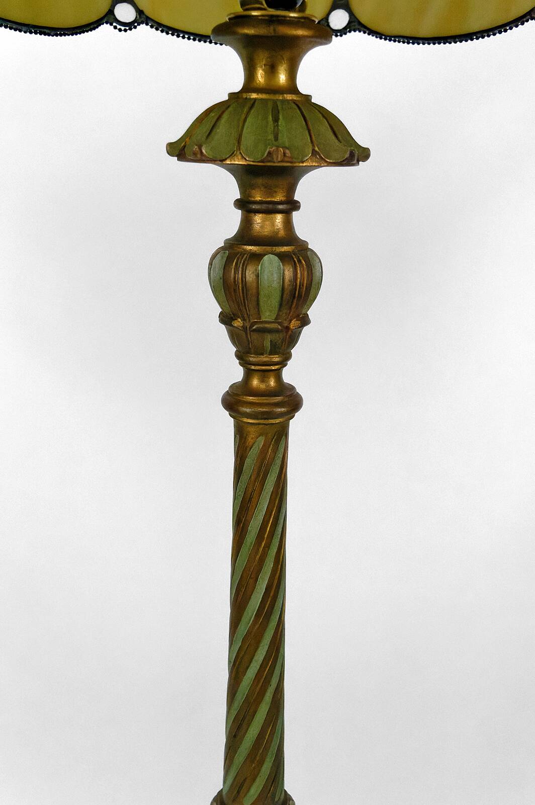 Floor lamp in gilded carved wood and pearly glass lampshade, Art Deco, France, Circa 1920