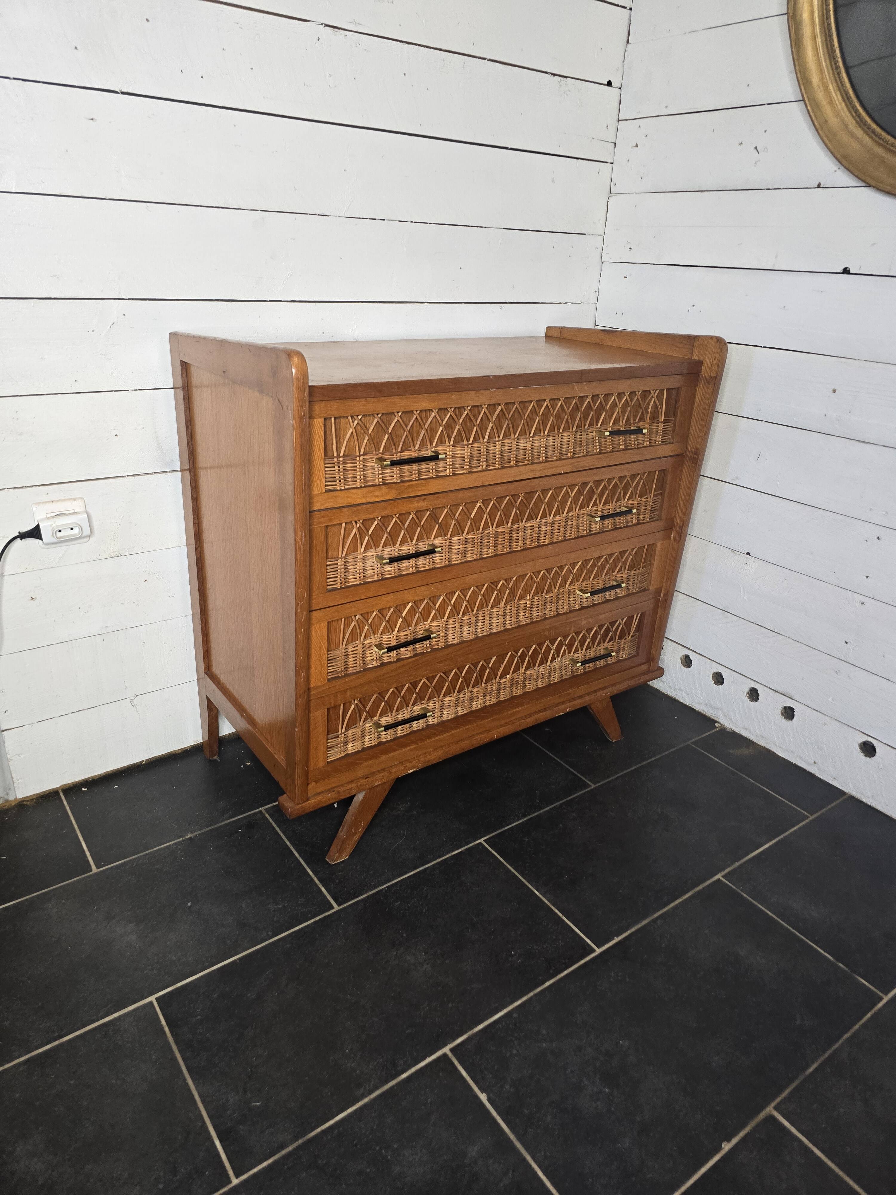 Commode en rotin et bois, années 60