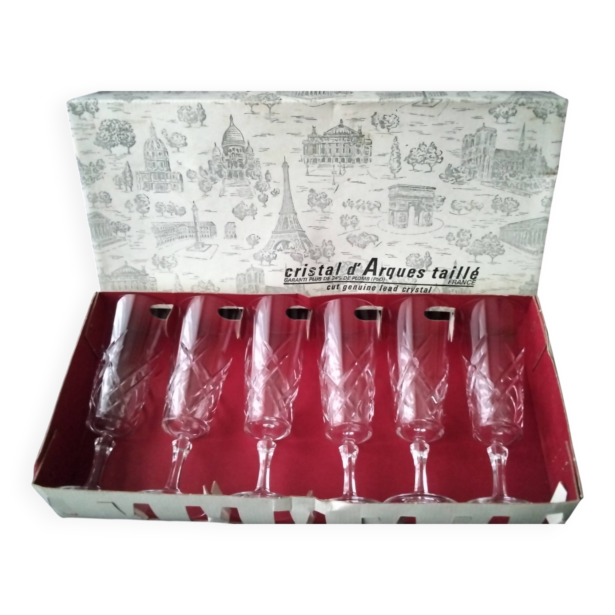 6 Antique Champagne Flutes in Arques Crystal, Saumur Model