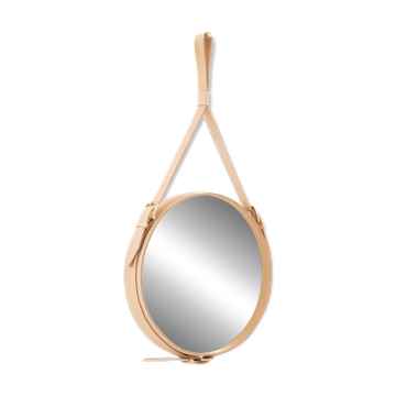 Handmade J. Adnet style mirror in natural vegetable-tanned leather, ø 70 cm
