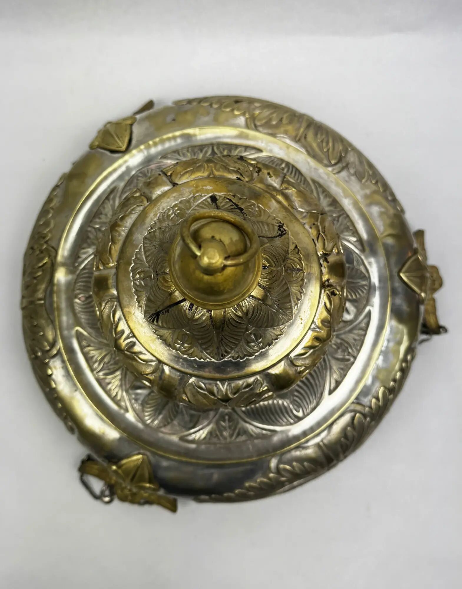Ancient sanctuary lamp, silver-plated brass, winged angel, 130 cm.