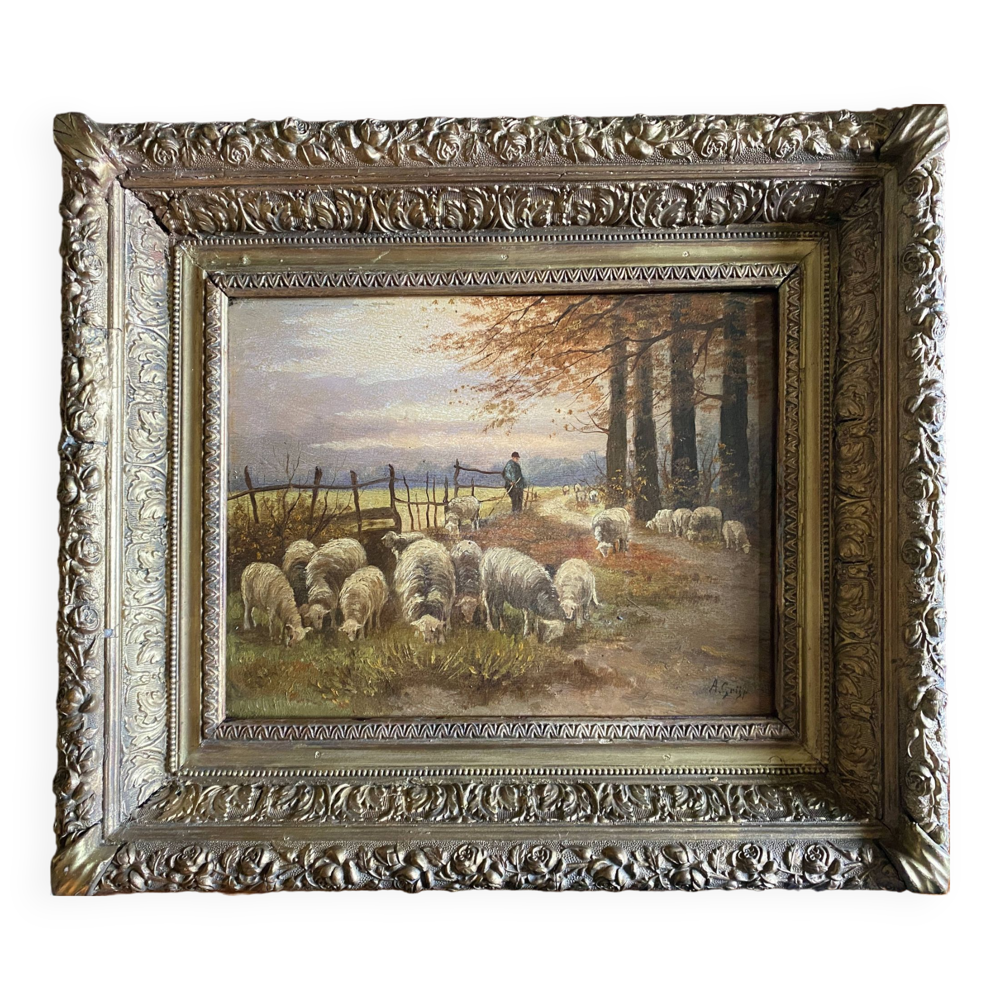 Impressionist painting "Shepherd and his sheep" 19th century signed Barbizon
